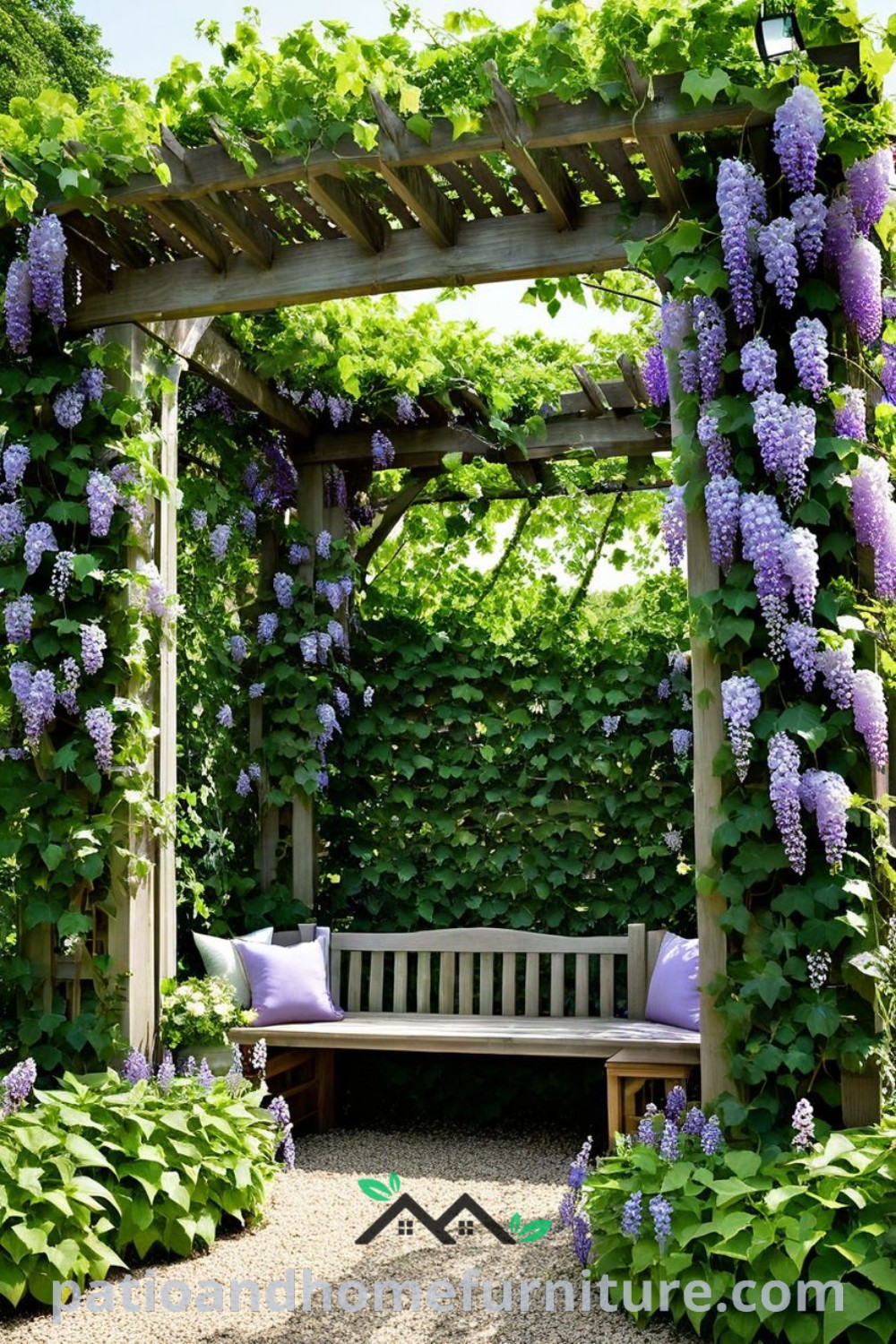 Wooden bench under a pergola covered with purple flowers and greenery, featuring cozy garden decor ideas from wellnesswink.com, enhancing the enchanting atmosphere with climbing plants and blooming shrubs.