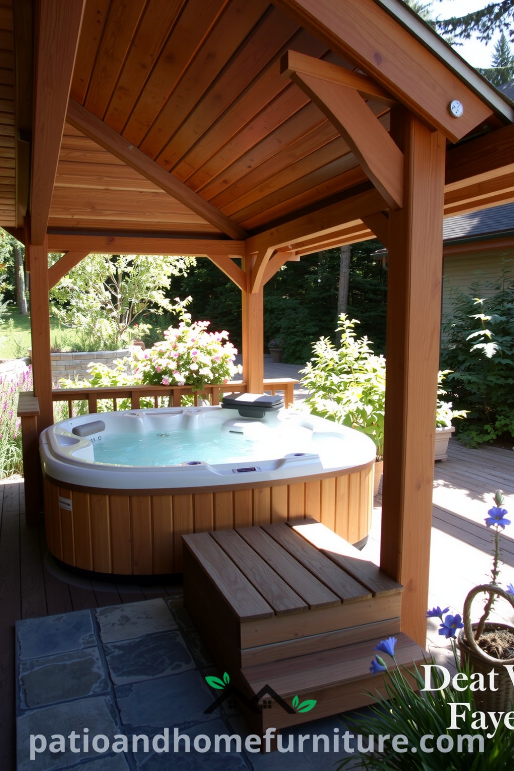 Deck-integrated hot tub surrounded by weathered wood framing, rustic stone tiles, lush greenery, and fragrant flowers, creating a cozy oasis for relaxation at fireplacesandwoodstoves.com.