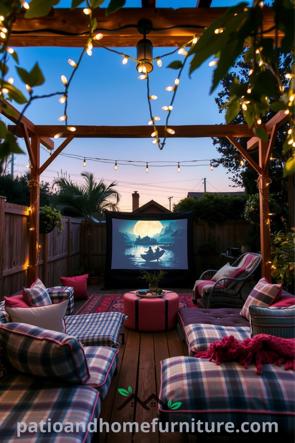 Backyard cinema under a wooden pergola with fairy lights, featuring a large screen and cozy seating arrangements with cushions and blankets, perfect for creating memorable outdoor movie nights, inspired by unique decor ideas from fireplacesandwoodstoves.com.