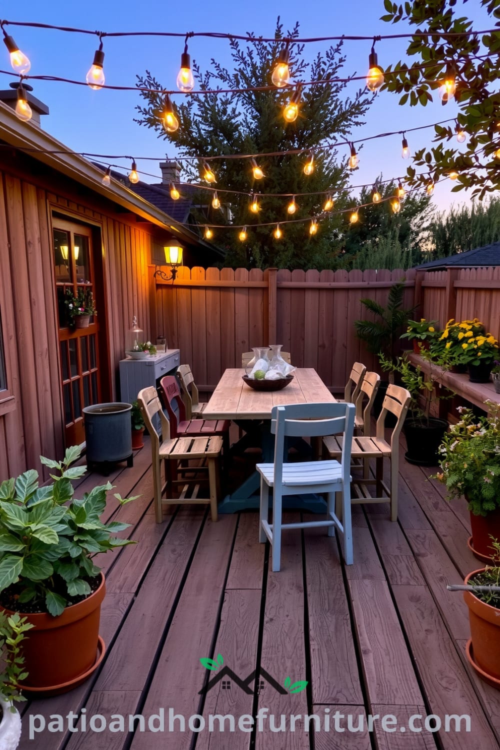 Cozy backyard dining setup with a rustic wooden table, mismatched chairs, and twinkling fairy lights, enhanced by potted herbs on the edges, creating an inviting atmosphere perfect for summer gatherings, as seen on fireplacesandwoodstoves.com.