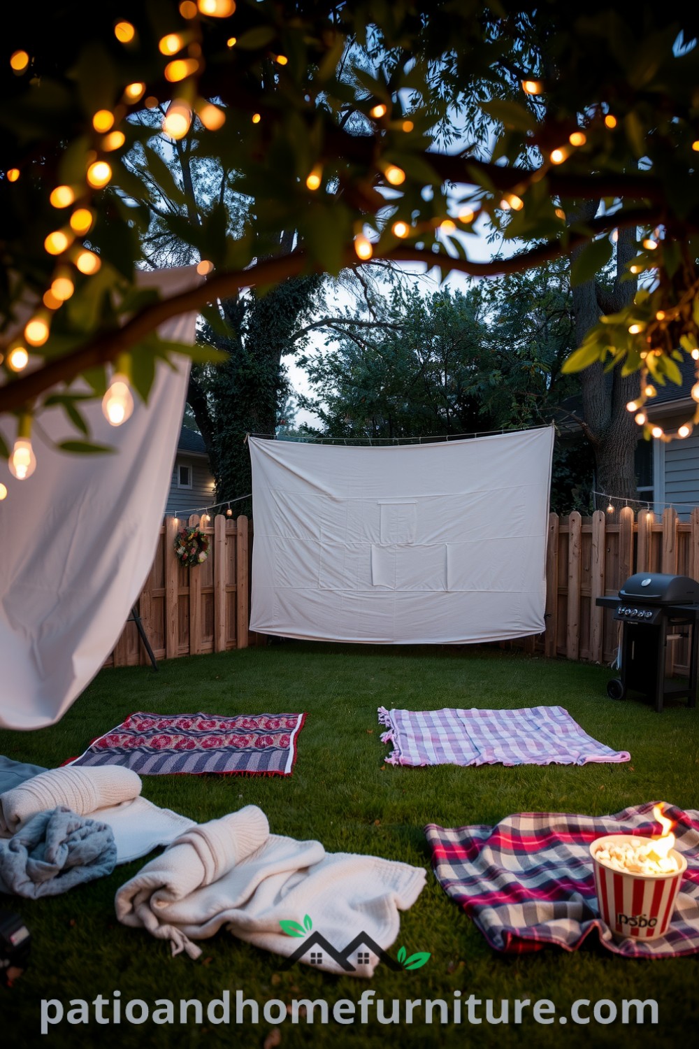 Outdoor movie night setup with a white sheet screen against a wooden fence, surrounded by fairy lights and cozy blankets on the grass, creating a warm atmosphere perfect for gatherings, featuring festive decor ideas from fireplacesandwoodstoves.com.