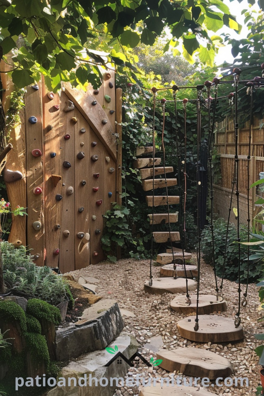 Outdoor climbing wall in a garden setting with colorful holds, stone steps leading up, and lush greenery surrounding, creating a cozy and inspiring space for play and relaxation; ideas for your home at wellnesswink.com.