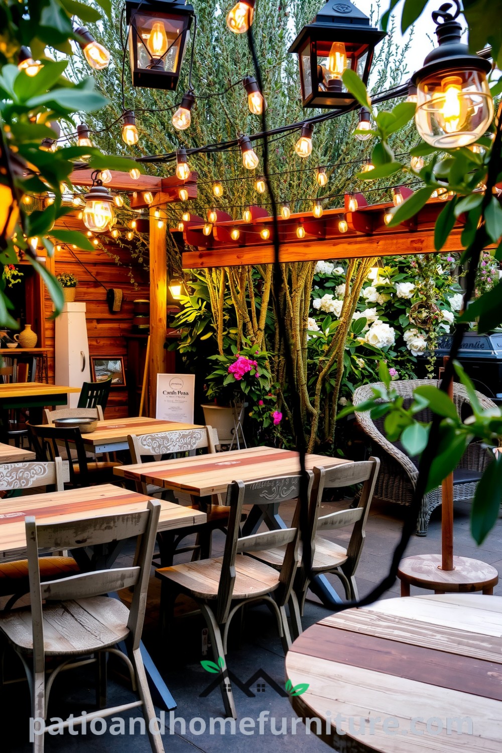 Cozy outdoor dining space beneath twinkling fairy lights, featuring weathered wooden tables and mismatched chairs surrounded by lush greenery and blooming flowers, creating an inviting atmosphere for gatherings. Visit fireplacesandwoodstoves.com for inspiring decor ideas.
