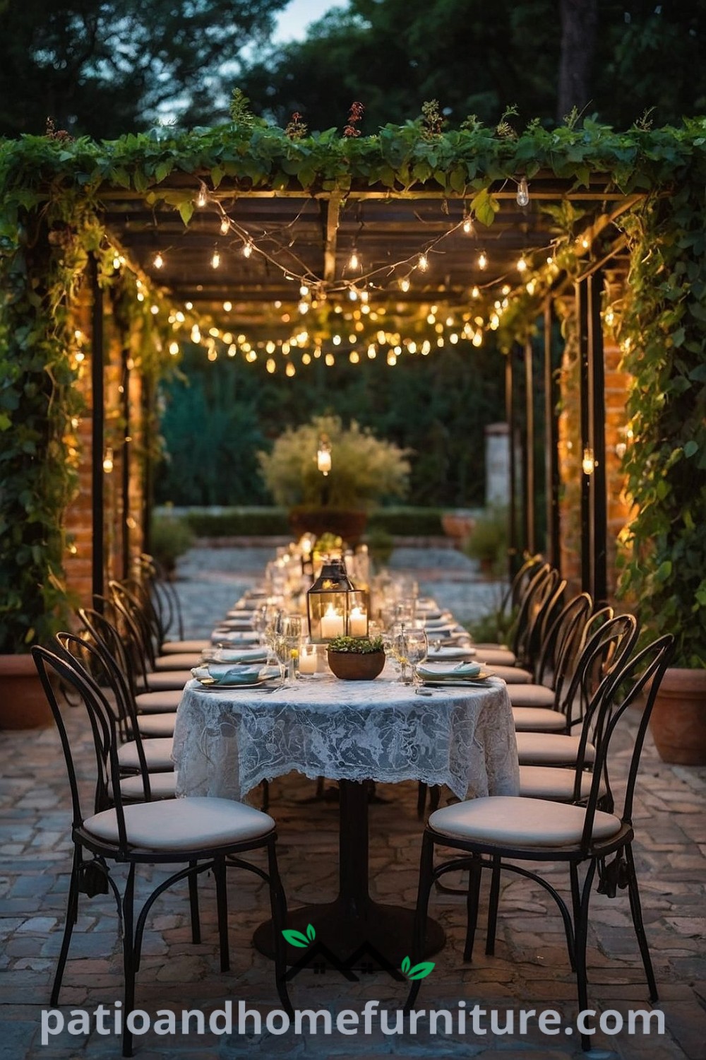 Outdoor dining table decorated with lights and greenery, showcasing a cozy and charming setup perfect for an Italian-style dinner party, providing design ideas for your home at wellnesswink.com.