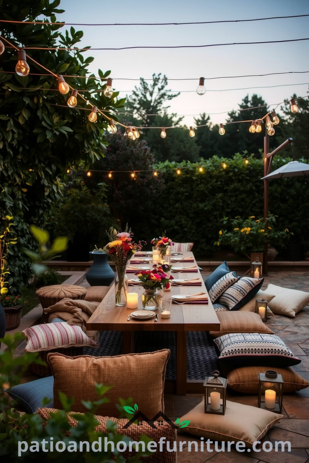 Boho outdoor patio dinner party on a stone terrace, featuring a long wooden table decorated with wildflowers in mismatched vases, glowing lanterns, and a cozy seating area with cushions, providing inspiring decor ideas for cozy home gatherings, as seen on fireplacesandwoodstoves.com.