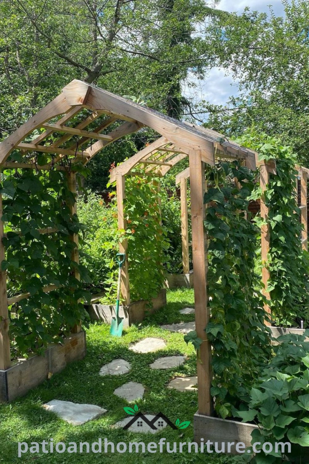 Lush outdoor garden with diverse plants growing around a wooden pergola, creating a cozy haven filled with vibrant flowers and climbing vines, showcasing unique ideas for your home garden on wellnesswink.com.