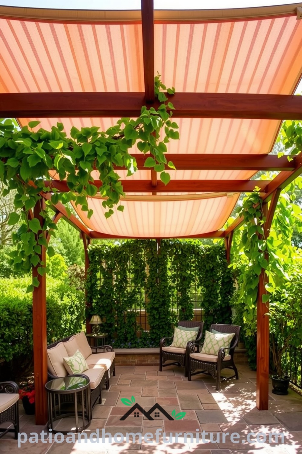 Outdoor seating area with a retractable canopy pergola, rich wooden frames, lush cascading vines, and a rustic stone patio adorned with comfortable cushions, creating an inspiring outdoor retreat for relaxation and gatherings, featured on fireplacesandwoodstoves.com.