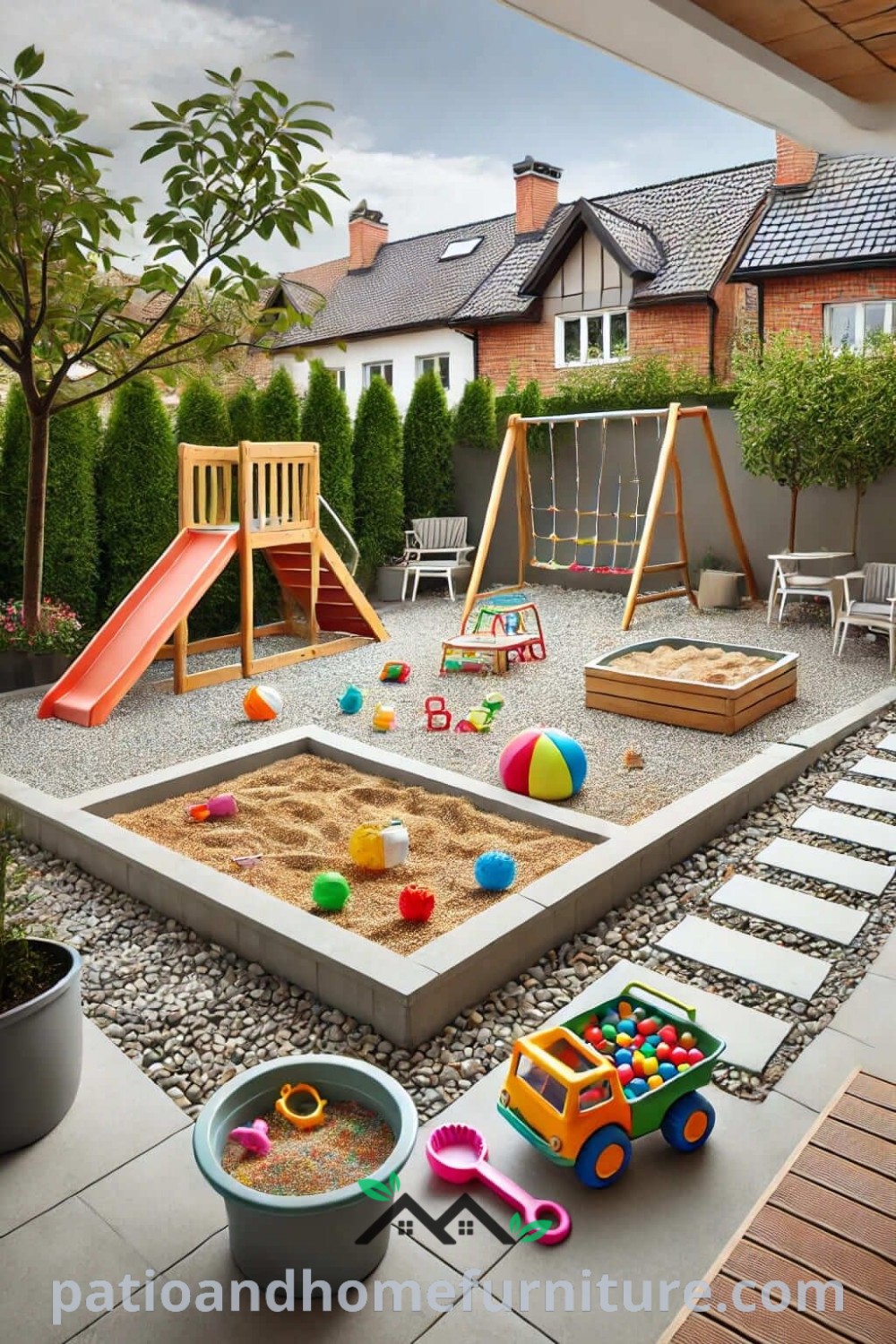 Outdoor play area featuring colorful toys, a sandy surface, and various play structures designed for children, providing a vibrant and inviting space for play and creativity, with added cozy elements for shade, found at wellnesswink.com.