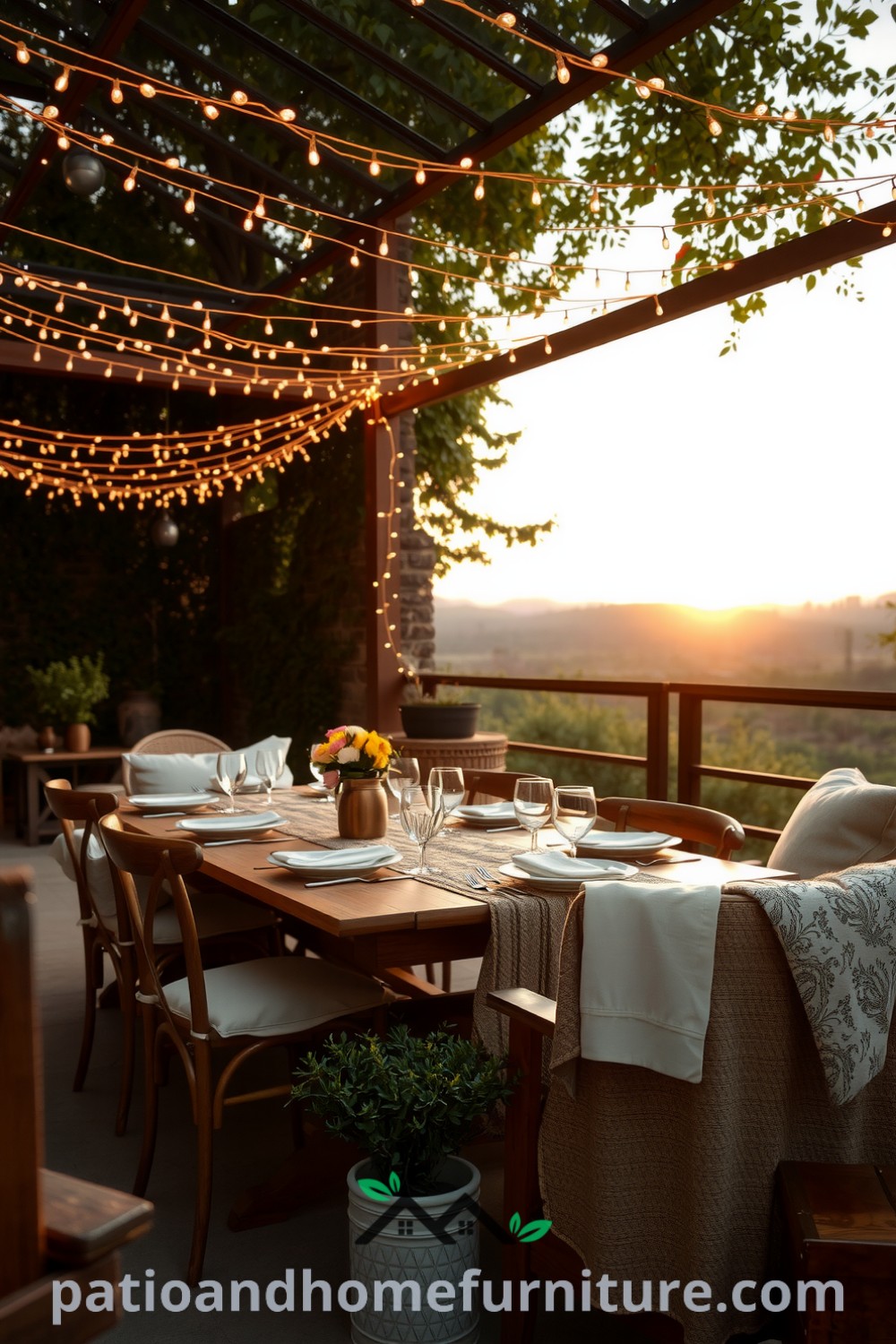 Cozy outdoor dining setup under fairy lights with a rustic wooden table, adorned with mismatched china and potted herbs, creating a warm and inviting atmosphere for romantic conversations and gatherings, from fireplacesandwoodstoves.com.