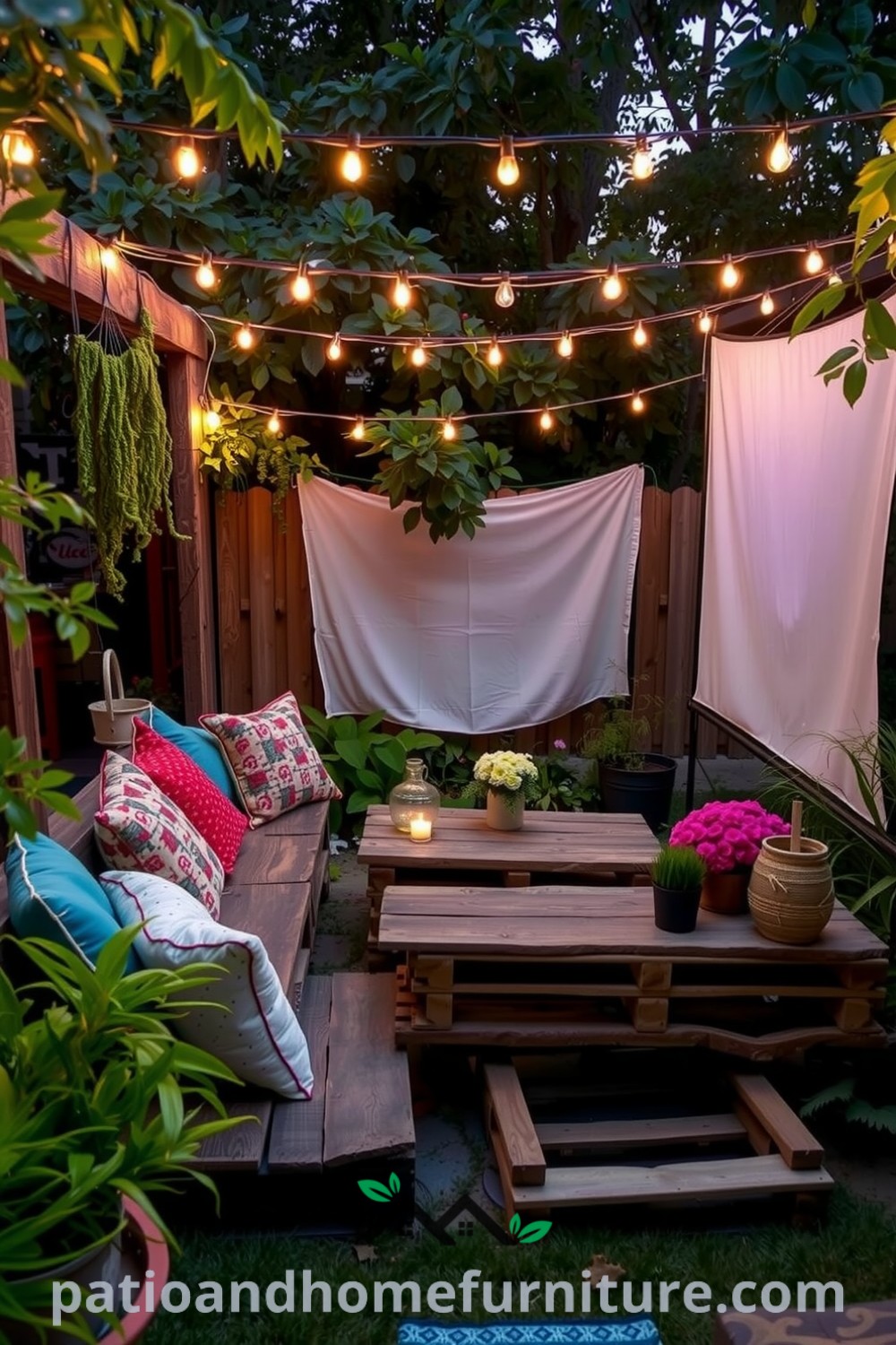 Backyard cinema featuring rustic wooden pallet seating with colorful cushions, a fluttering white sheet screen, and twinkling string lights, surrounded by lush greenery, exemplifying cozy ideas and decor inspirations for a charming outdoor movie experience at fireplacesandwoodstoves.com.