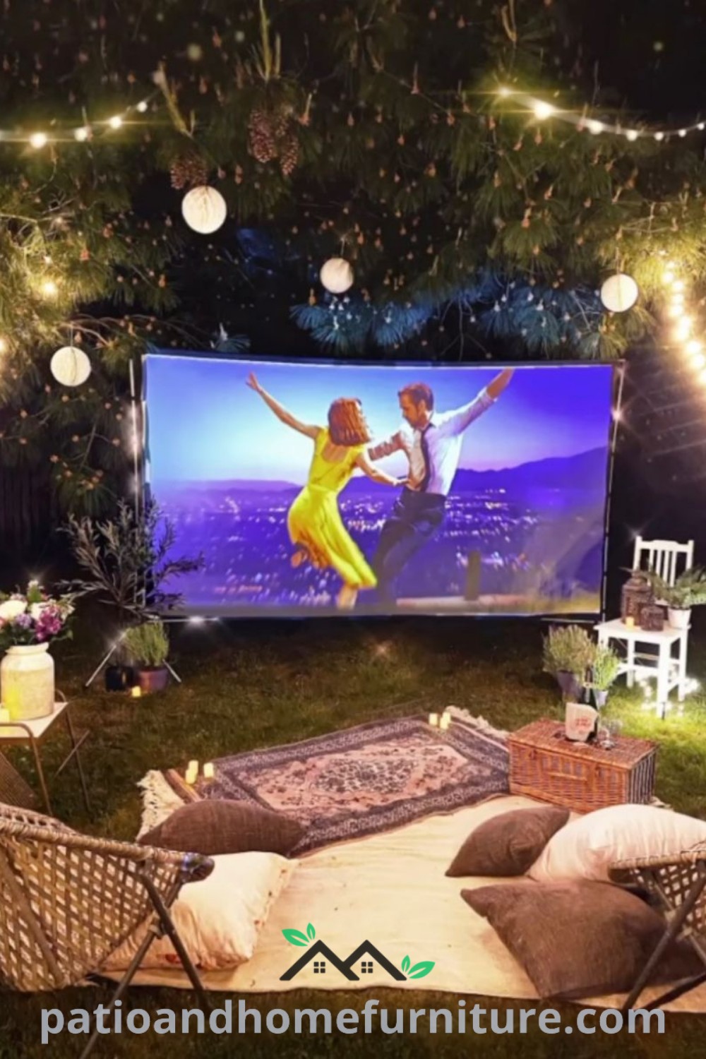 Outdoor movie screen in a cozy backyard setting, surrounded by comfortable chairs and decorative string lights, creating an inviting atmosphere for a movie night under the stars, perfect for gatherings. Visit wellnesswink.com for cozy ideas and designs.