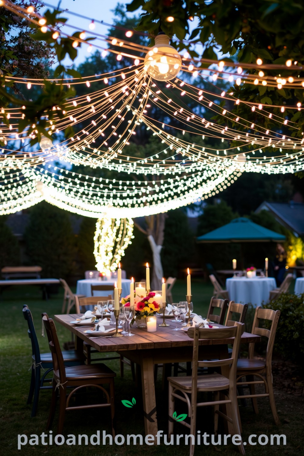 Cozy outdoor dining setup adorned with twinkling fairy lights, rustic wooden table, mismatched chairs, delicate china, and flickering candles, creating an enchanting atmosphere for intimate gatherings, as featured on fireplacesandwoodstoves.com.
