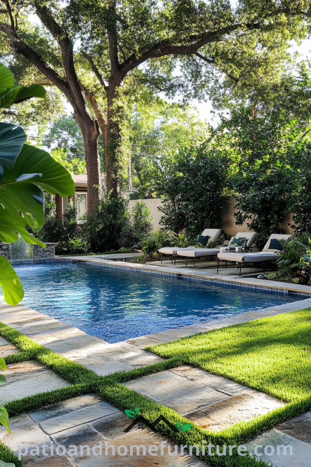 Backyard pool glistening under the sun with worn tile edges, surrounded by textured stone paving and vibrant grass, invoking a cozy summer retreat perfect for relaxation and gatherings, offering unique ideas for your home decor at fireplacesandwoodstoves.com.