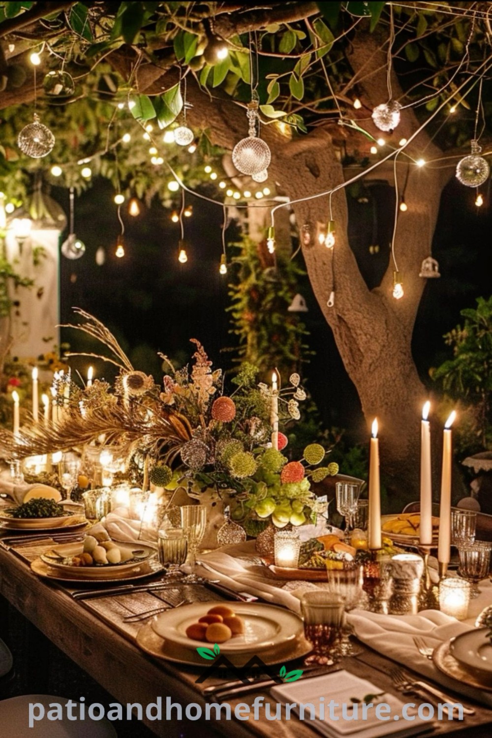 An outdoor dinner table elegantly set with plates, candles, and place settings, creating a cozy and inviting atmosphere for a garden dinner party, ideal for celebrations like a 40th birthday, featured on wellnesswink.com.