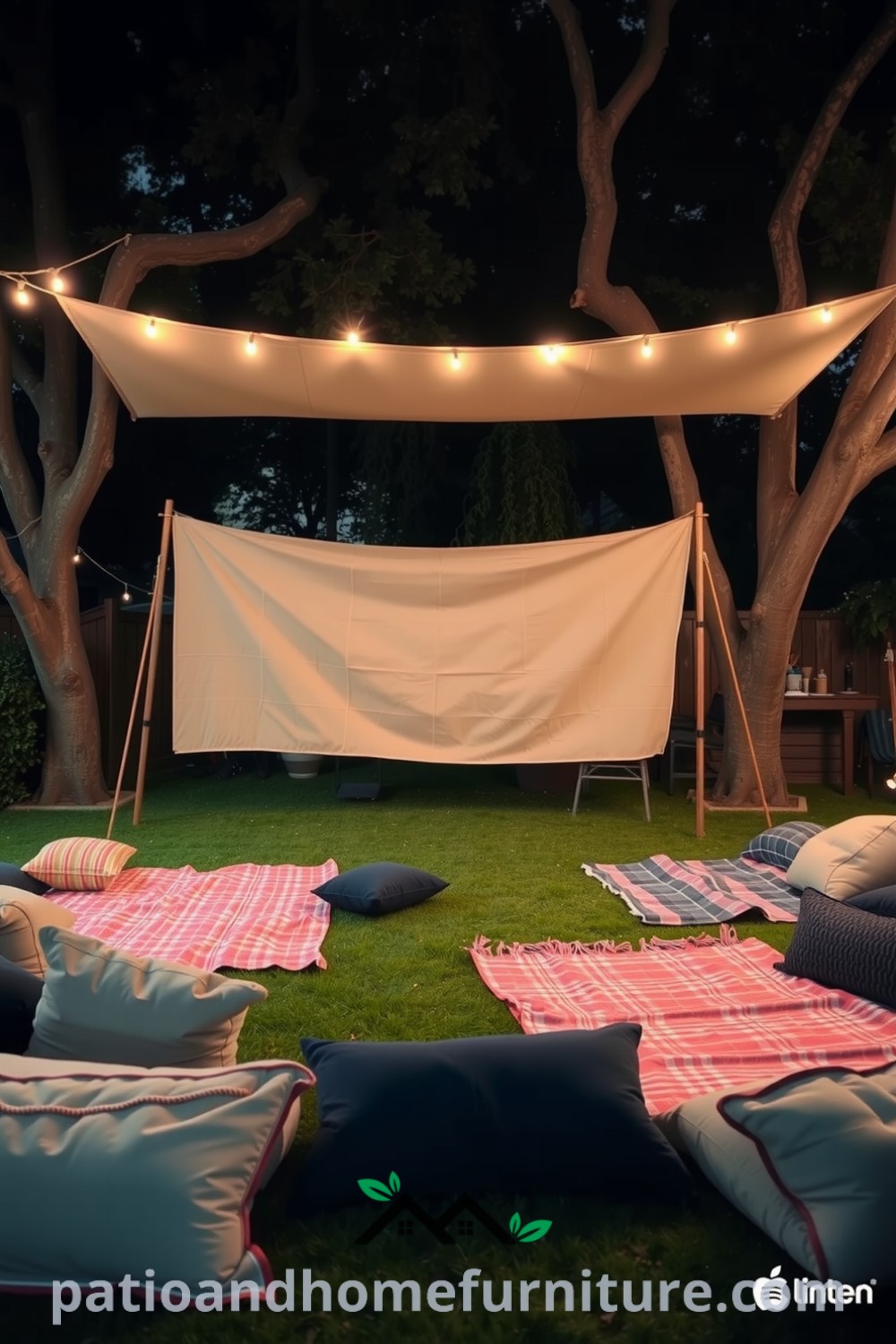 Cozy backyard cinema setup with a canvas screen strung between oak trees, blankets, bean bags, and twinkling fairy lights, creating an inviting atmosphere for movie lovers, featuring ideas for your home and unique decor inspirations from fireplacesandwoodstoves.com.
