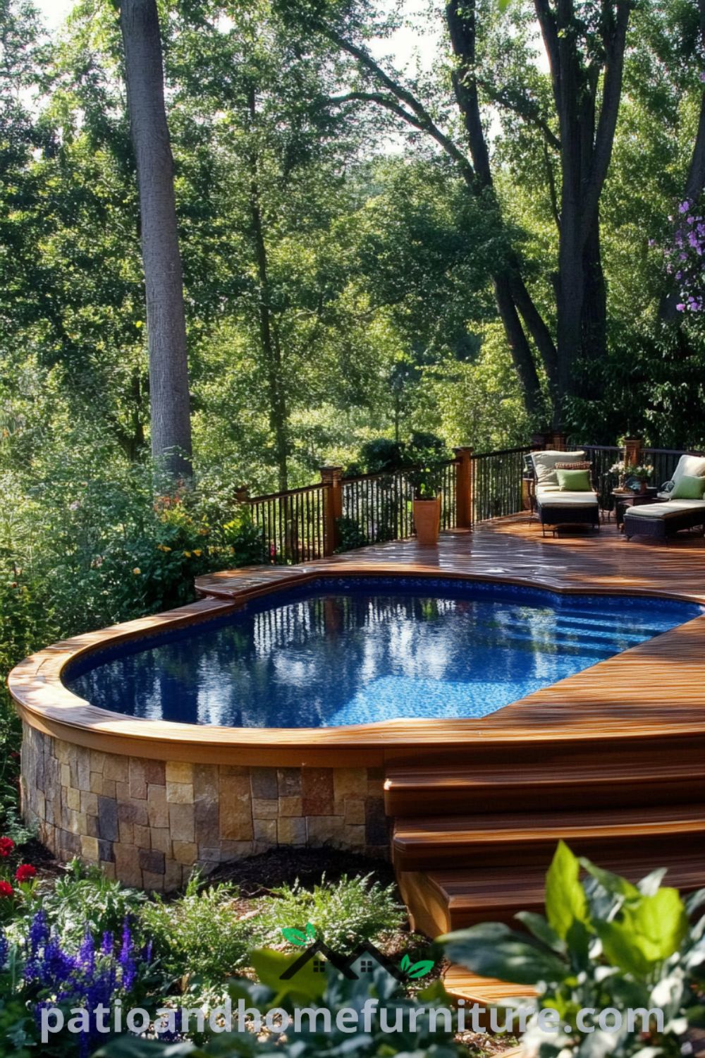 Elegant above ground pool retreat from patioandhomefurniture.com featuring a wooden deck, cozy seating, and vibrant landscaping, ideal for creating a backyard oasis above ground pool.