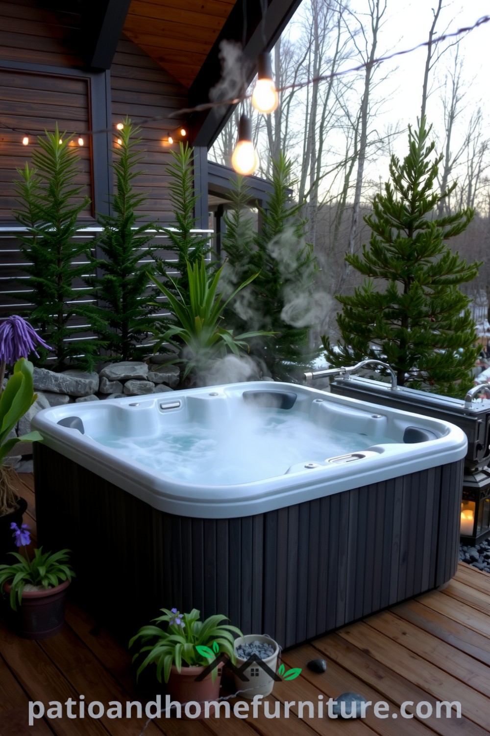 Hot tub on a wooden deck surrounded by natural stones and greenery, with steam rising from the water and twinkling string lights creating a cozy ambiance, showcasing inspiring decor ideas for your home on fireplacesandwoodstoves.com.