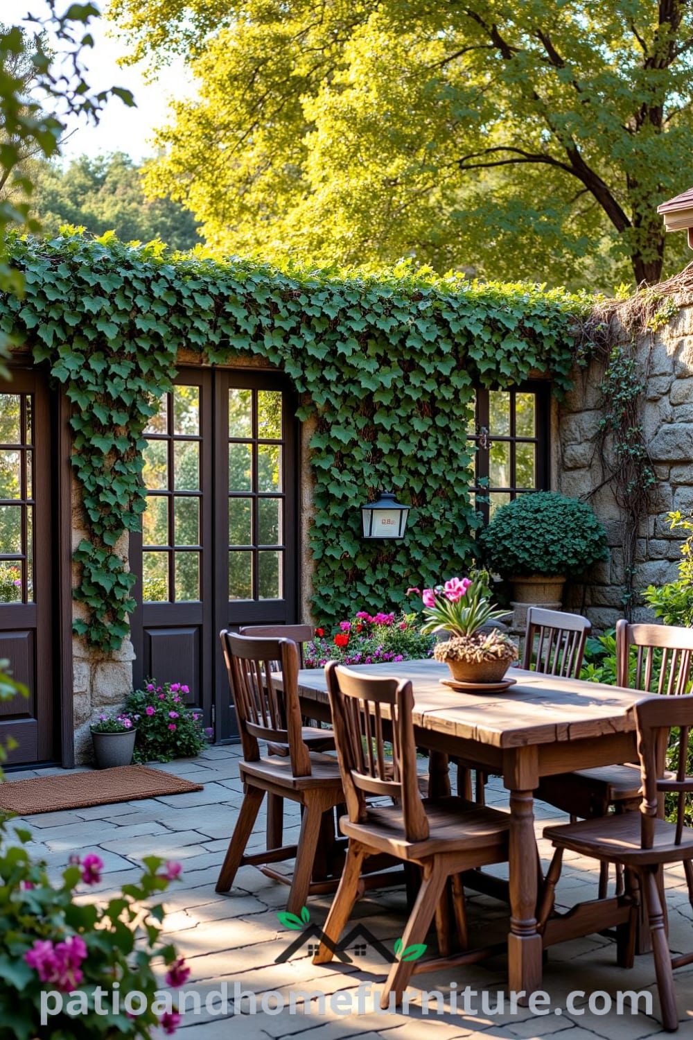 Cozy backyard with a rustic wooden deck, weathered dining table, and mismatched chairs, surrounded by lush greenery and colorful flowers, providing inviting decor ideas for your home at fireplacesandwoodstoves.com.