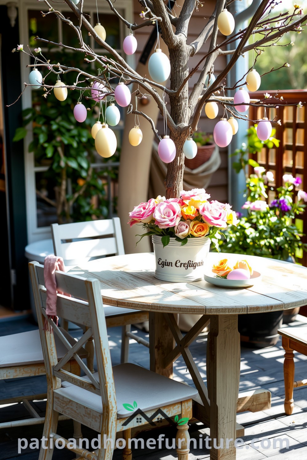 Pastel-colored egg ornaments hanging from a potted tree on a spring patio, complemented by a weathered wooden table with fresh pink and yellow blooms, creating an inviting atmosphere for gatherings, perfect for your cozy home inspirations at fireplacesandwoodstoves.com.