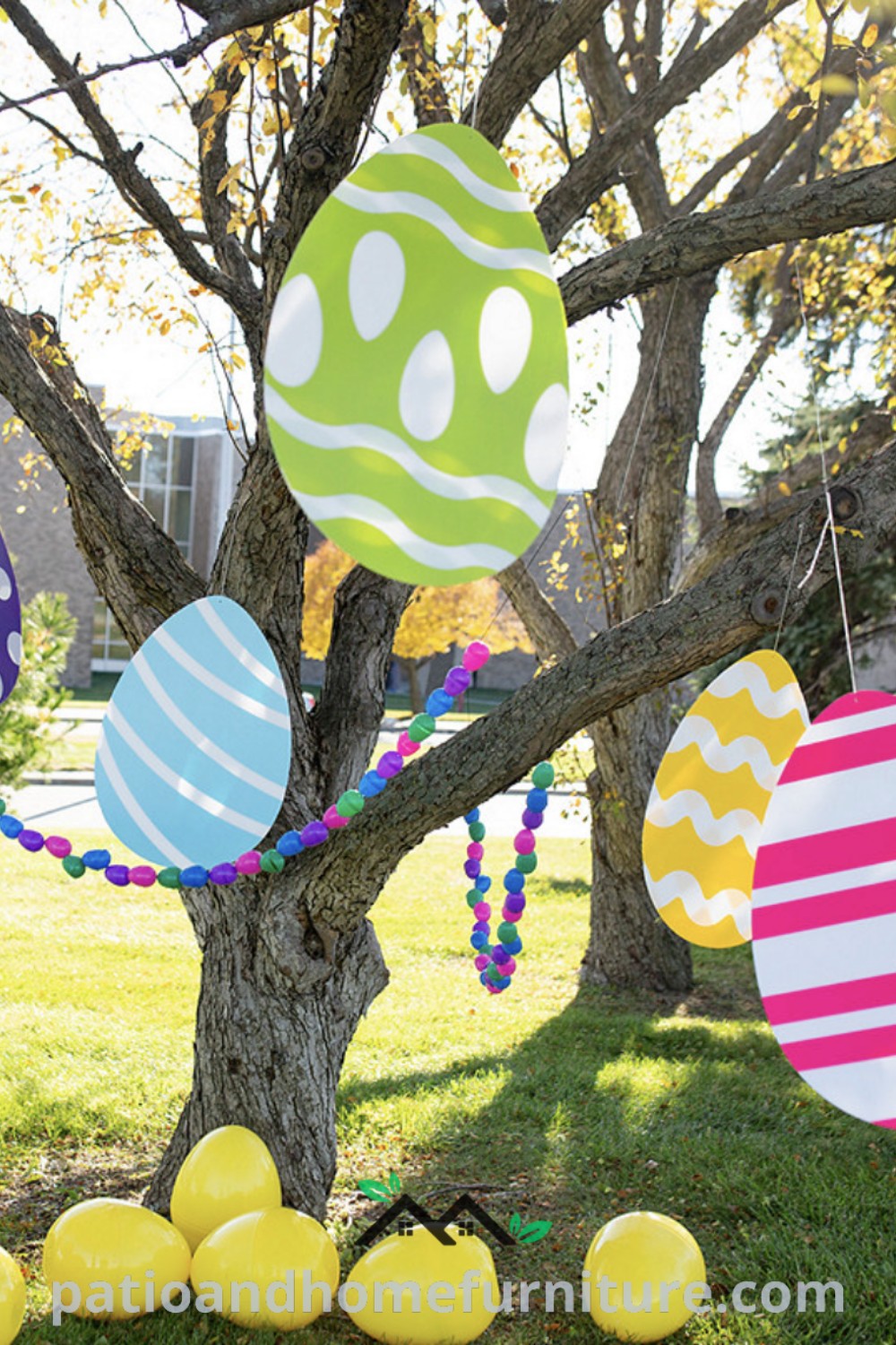Easter tree decorated with painted eggs, adding festive cheer to the yard with vibrant colors and unique decorations, perfect for outdoor Easter parties, featured on wellnesswink.com.