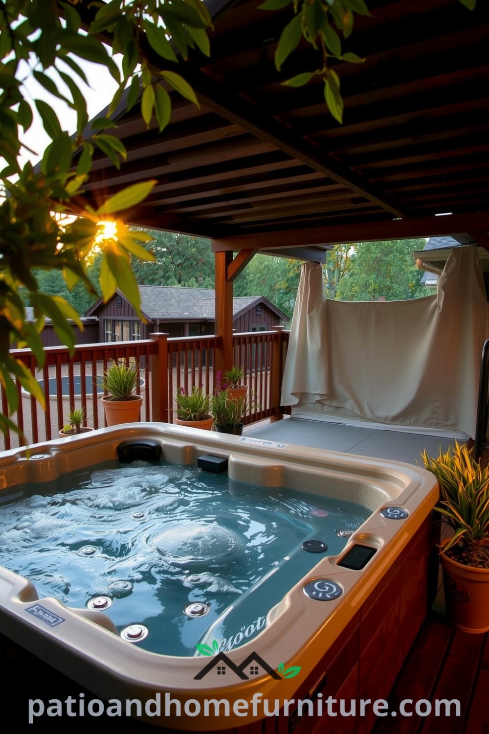 Cozy hot tub integrated into a wooden deck with natural stone finish, surrounded by vibrant potted plants and warm evening light creating an inviting outdoor ambiance, offering decor ideas for a serene home retreat, visit fireplacesandwoodstoves.com.