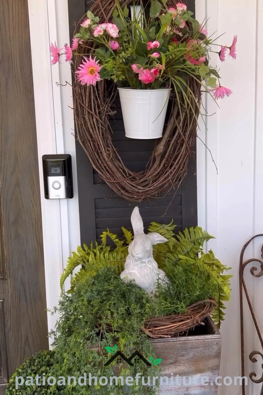 Cozy front porch decorated with vibrant Easter planters, fresh green decor, and whimsical accents, creating a welcoming spring atmosphere that inspires unique home design ideas at wellnesswink.com.