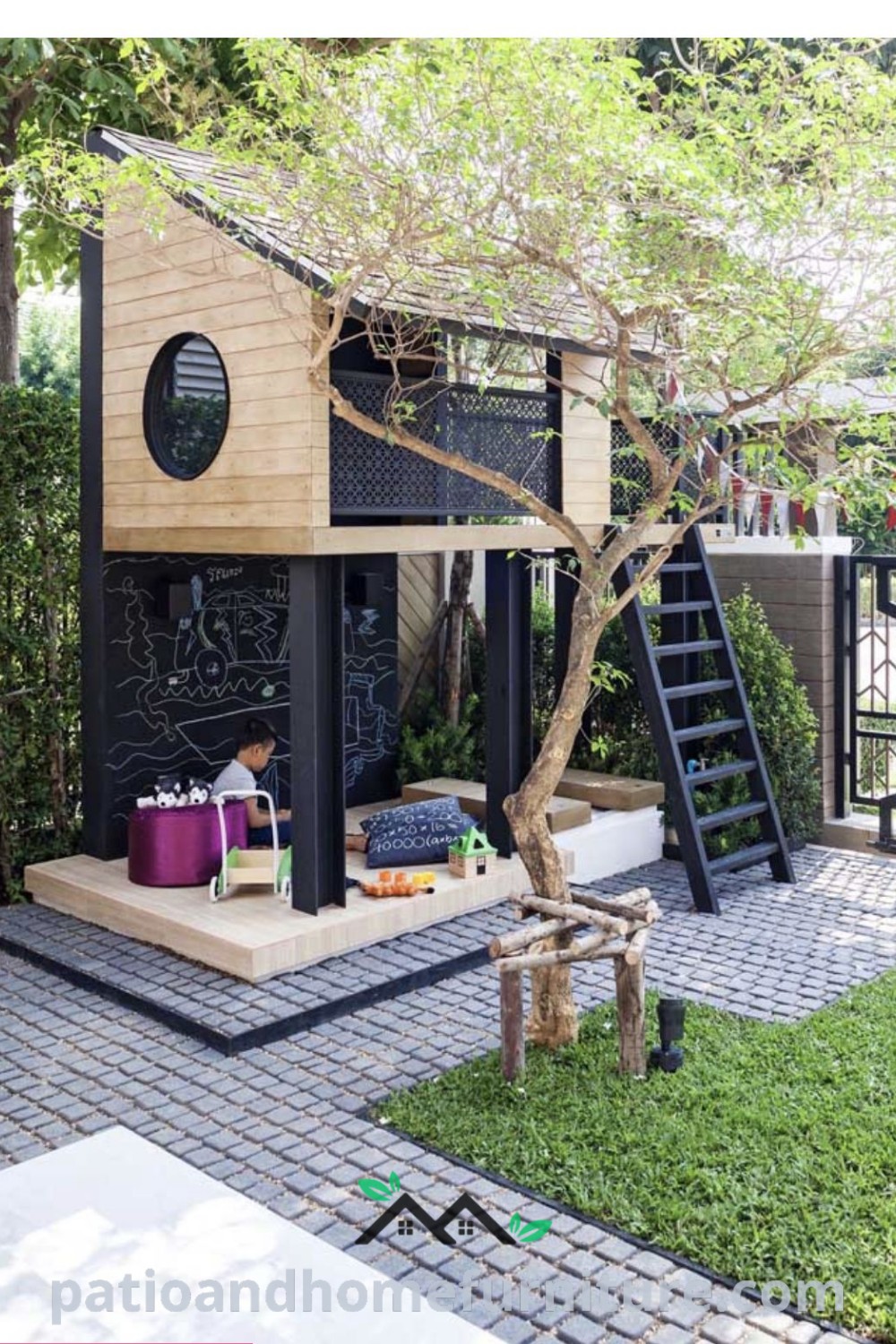 Cozy backyard playhouse with tree in front and stairs leading to the roof, showcasing charming design ideas and decor inspirations, creating a unique outdoor space for kids to enjoy playtime, as featured on wellnesswink.com.