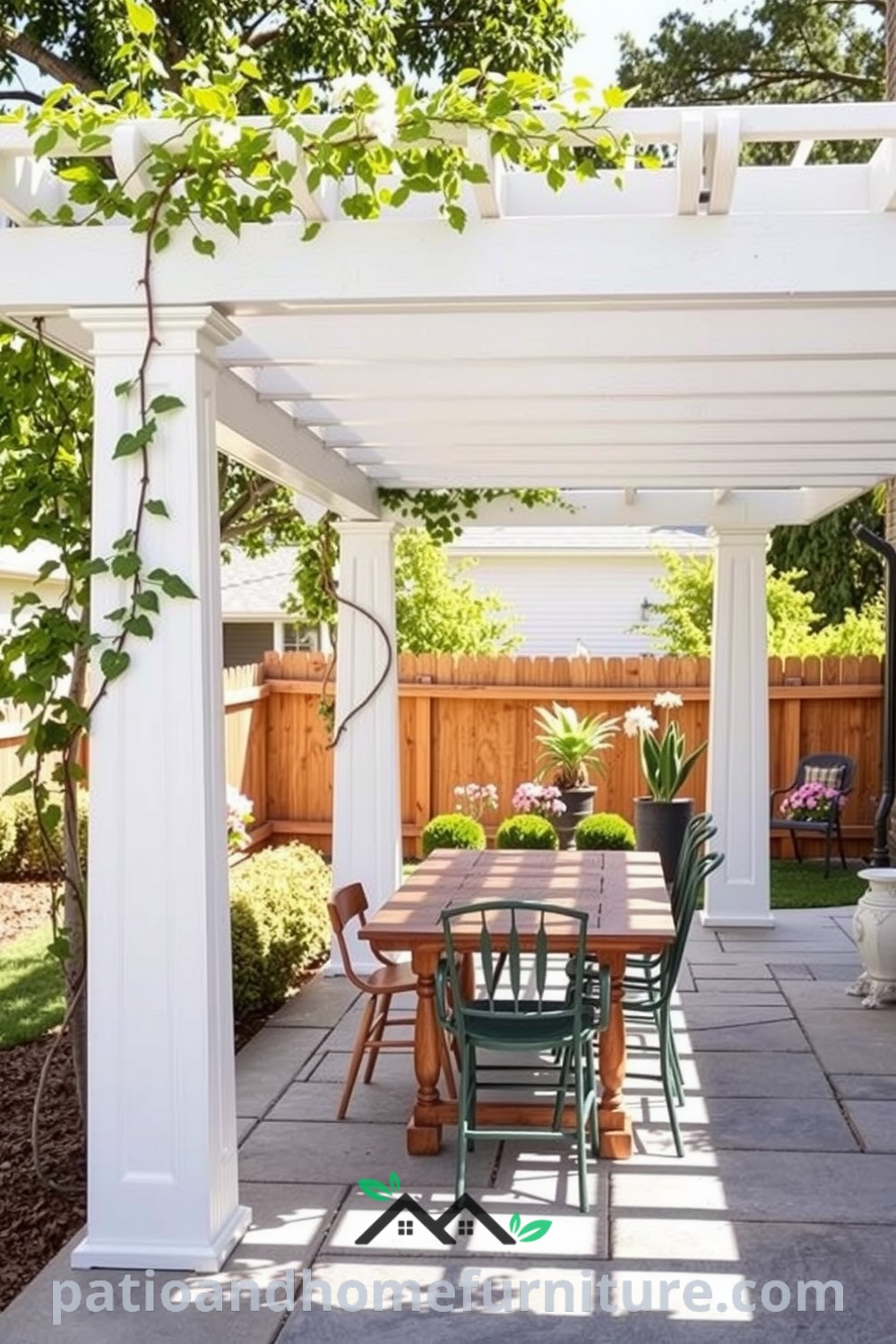Cozy backyard pergola with climbing vines, rustic wooden table, and mismatched chairs creating an inviting gathering space amidst blooming flowers, inspiring decor ideas for your home, featured on fireplacesandwoodstoves.com.