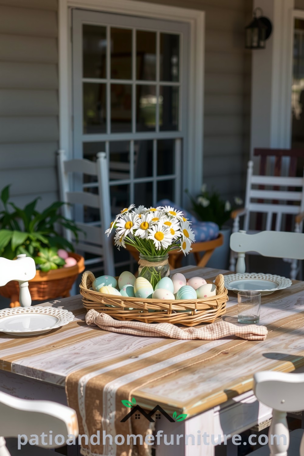 Cozy spring patio featuring pastel ceramic eggs in a wicker basket, a daisy centerpiece on a wooden table, and mismatched chairs, creating an inviting atmosphere for gatherings, perfect for celebrating the season, from fireplacesandwoodstoves.com.