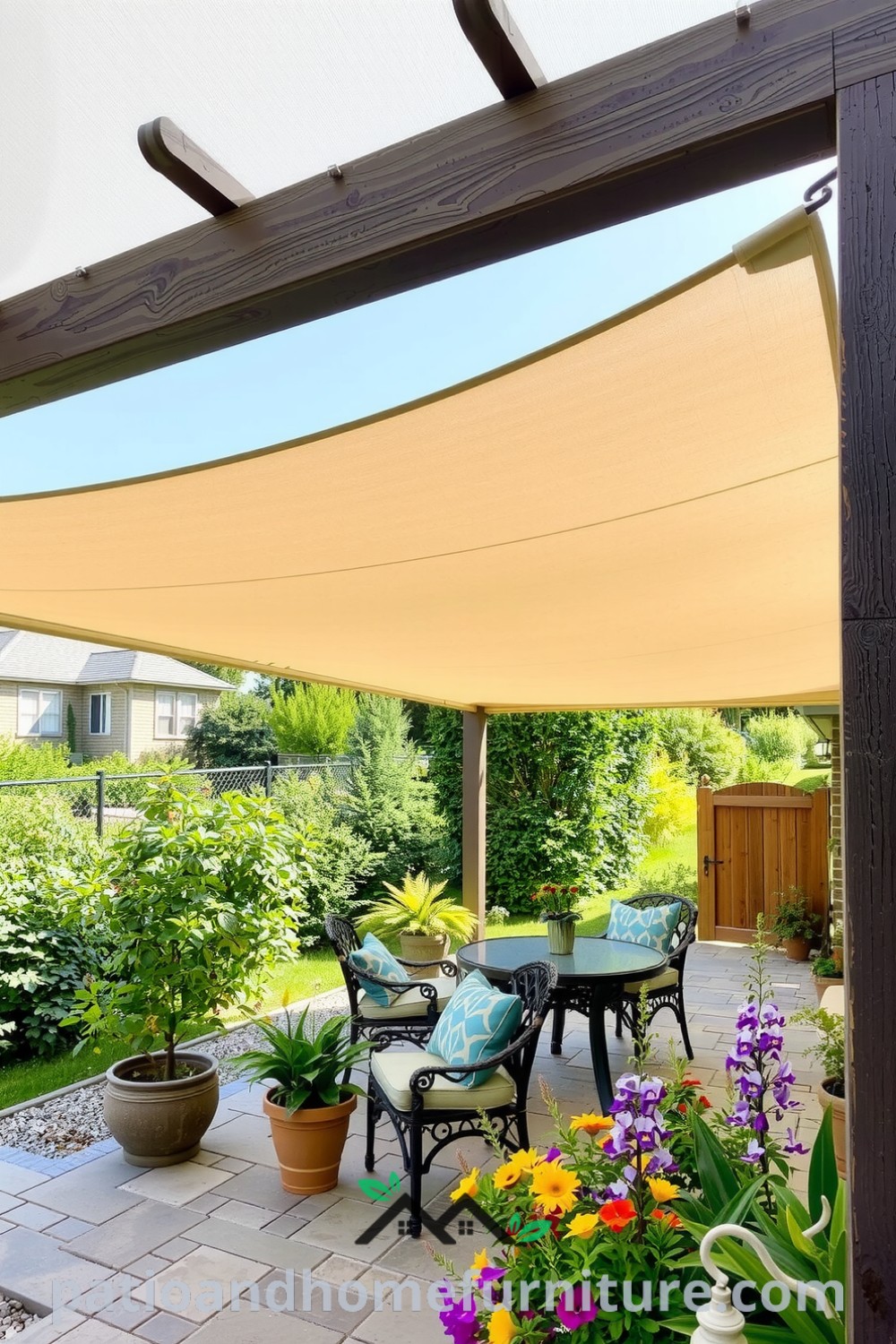 Retractable canopy pergola over a stone patio surrounded by colorful flowers and potted herbs, creating a cozy outdoor retreat for relaxation, featuring decor ideas and inspirations for your home. Visit fireplacesandwoodstoves.com for more unique ideas.