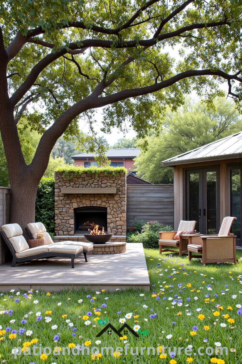 A cozy backyard featuring a weathered wooden deck, lush green lawn with wildflowers, mismatched lounge chairs around a fire pit, and a rustic wooden table set for an informal meal under an oak tree, creating an inspiring gathering space with welcoming decor ideas from fireplacesandwoodstoves.com.