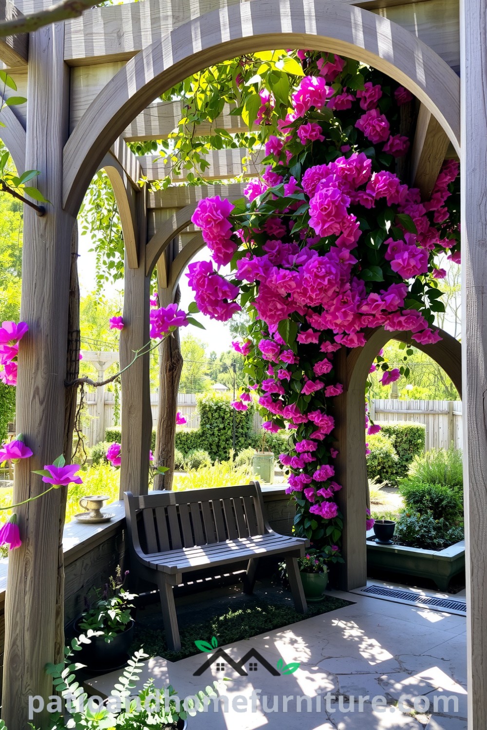 Arched pergola entwined with colorful vines in a garden setting, providing a cozy retreat with a rustic bench, dappled sunlight, and soothing foliage sounds. Find inspiring decor ideas for your home at fireplacesandwoodstoves.com.