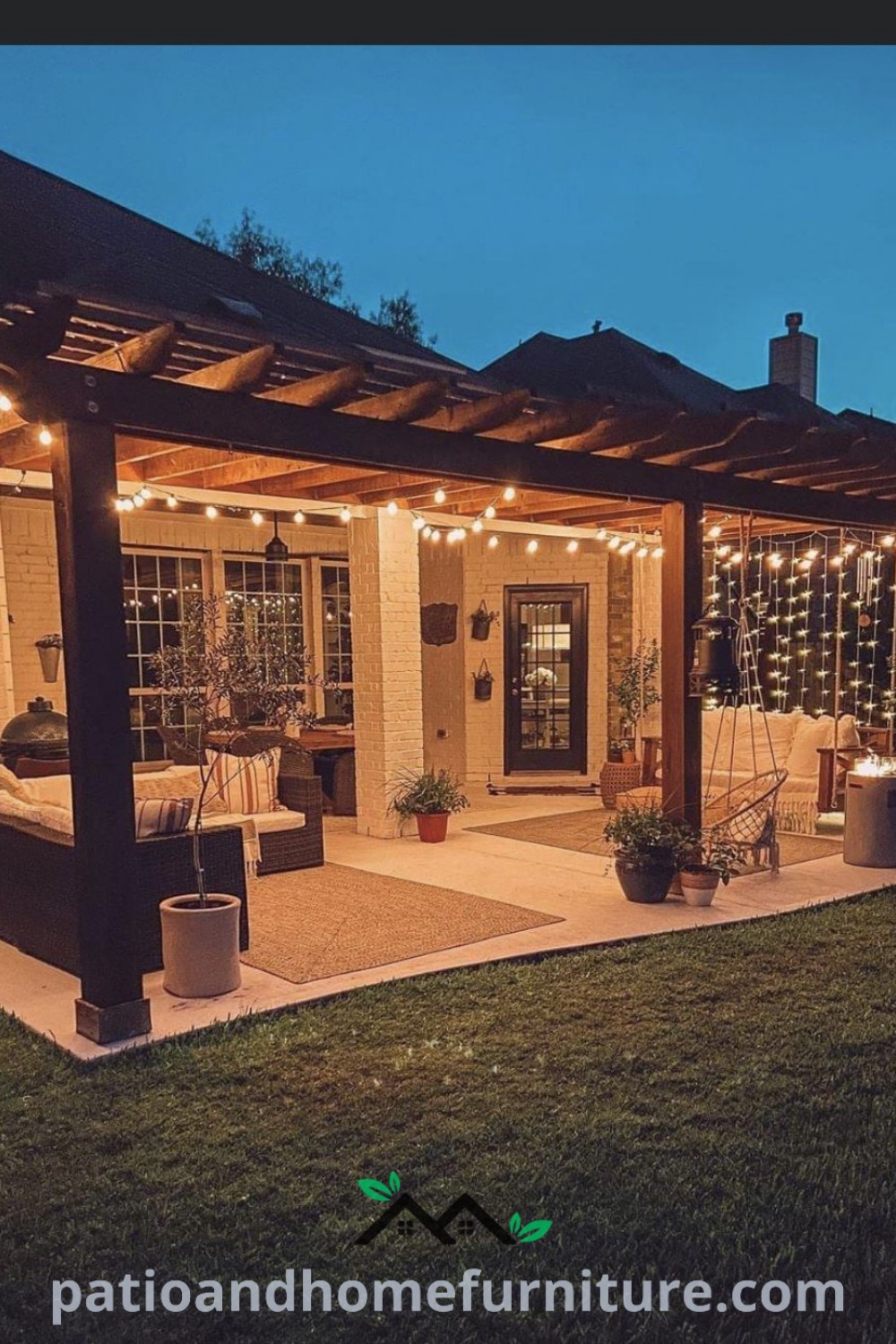 Backyard at night featuring cozy furniture and twinkling lights under a pergola, creating a serene and inviting outdoor space, ideal for gatherings or relaxation, showcasing cozy ideas and unique designs, from wellnesswink.com.