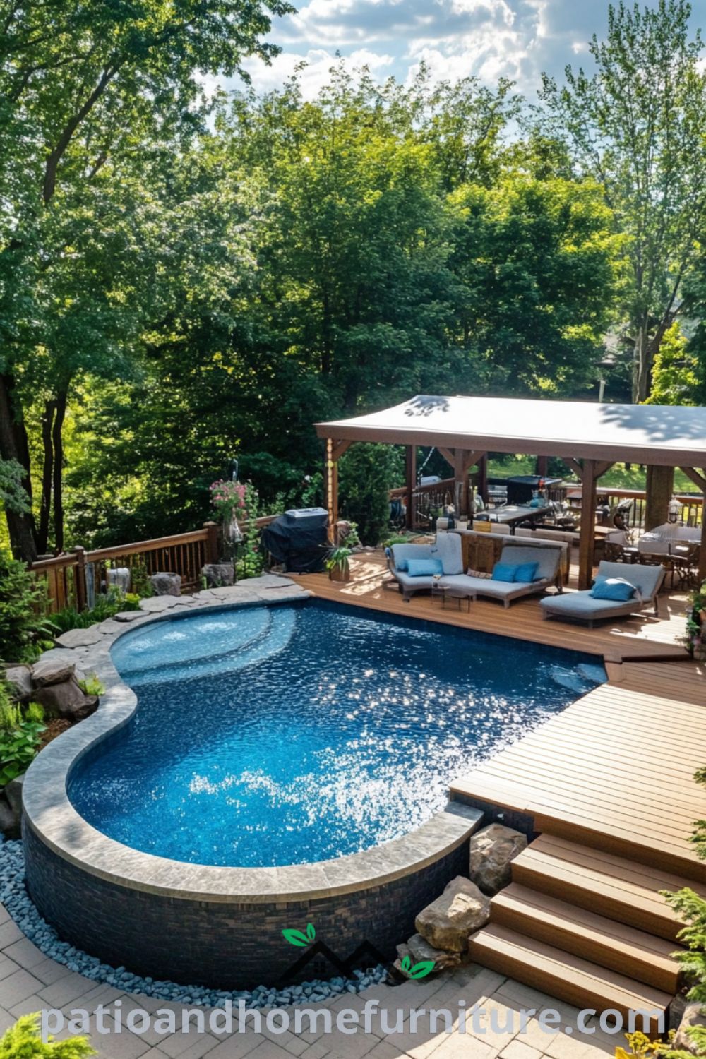Elegant above ground pool oasis with a beautiful wooden deck and stone accents from patioandhomefurniture.com, featuring a shaded seating area, outdoor bar, and inviting design ideas for creating a backyard retreat.