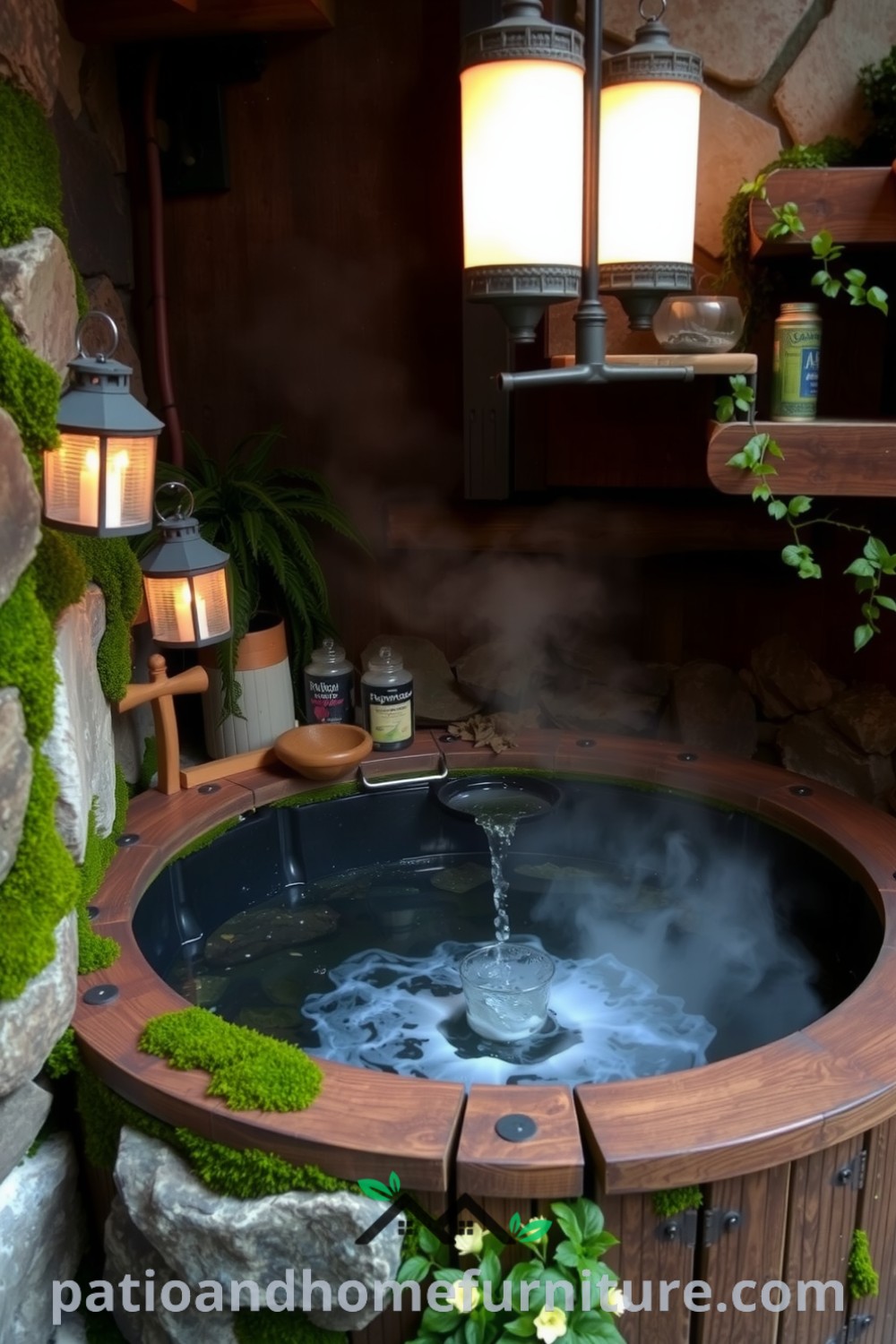 Wooden hot tub nestled among stones and greenery, with steam rising into the evening air and soft lanterns creating a warm glow, ideal for cozy outdoor relaxation; find more cozy ideas at fireplacesandwoodstoves.com.