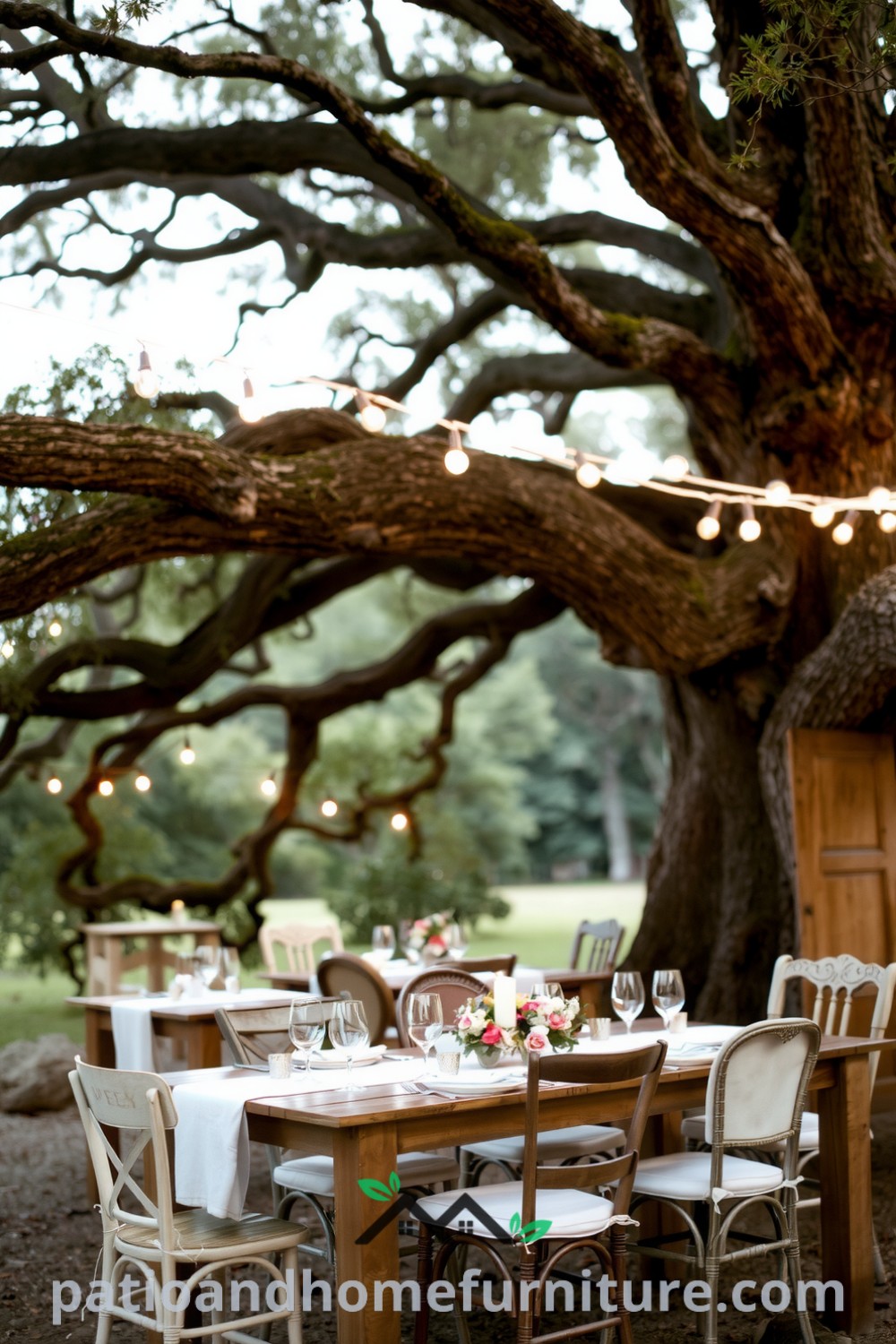 Cozy outdoor dining setup under an ancient oak tree featuring wooden tables with linen cloths, twinkling lights, and vintage chairs, creating an intimate ambiance perfect for gatherings, found at fireplacesandwoodstoves.com.