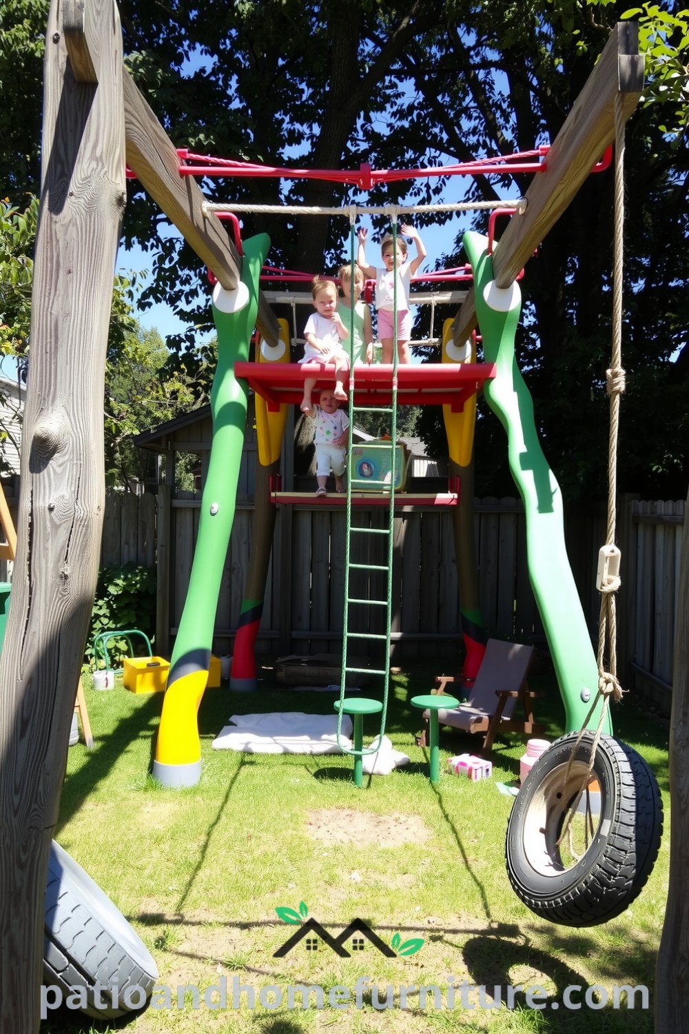 Colorful climbing structures for kids in a sunlit yard with soft grass, inviting playful exploration and laughter, alongside a nostalgic tire swing, featuring cozy decor ideas and inspirations for outdoor family retreats, from fireplacesandwoodstoves.com.