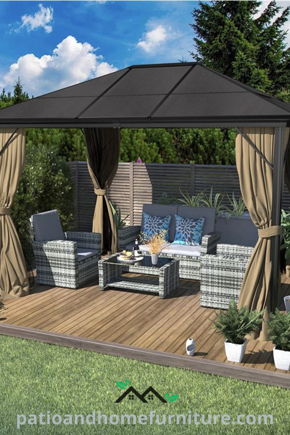 Gazebo on a wooden deck surrounded by modern landscaping, offering cozy outdoor design ideas for a unique and inspiring backyard retreat, with suggestions for decor and garden enhancements, featured on wellnesswink.com.