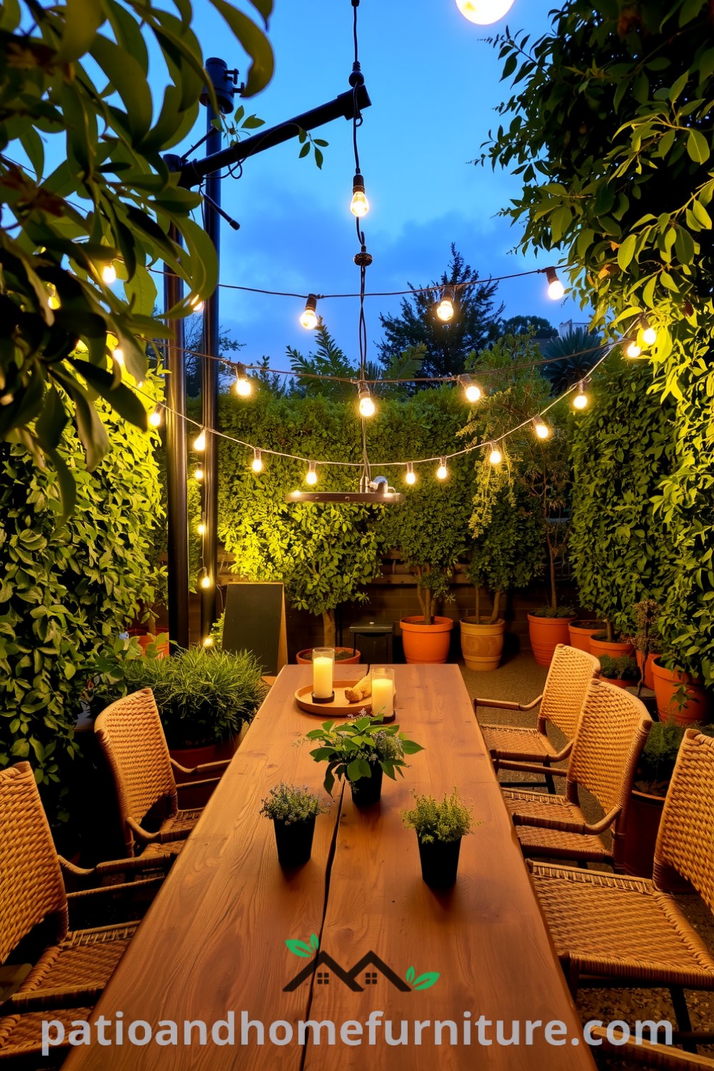 Outdoor dining area with a rustic wooden table, woven chairs, string lights, and potted herbs surrounded by lush greenery, creating a cozy and inviting atmosphere for celebrations, featured on fireplacesandwoodstoves.com.