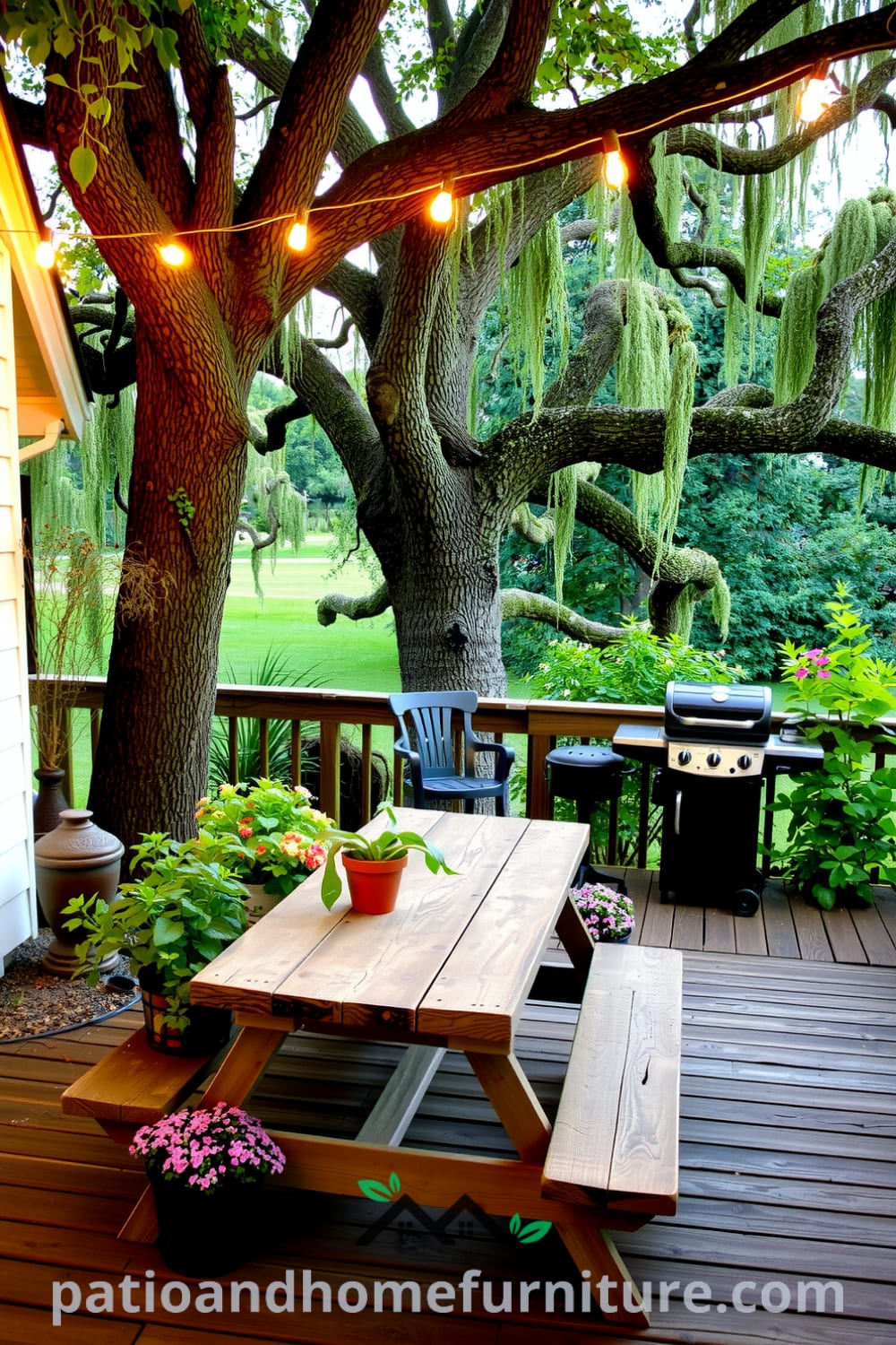 Cozy backyard featuring a weathered wooden deck with potted herbs and colorful flowers, a rustic picnic table under an oak tree, and glowing string lights, creating an inviting space for gatherings and outdoor dining, with inspiring decor ideas from fireplacesandwoodstoves.com.