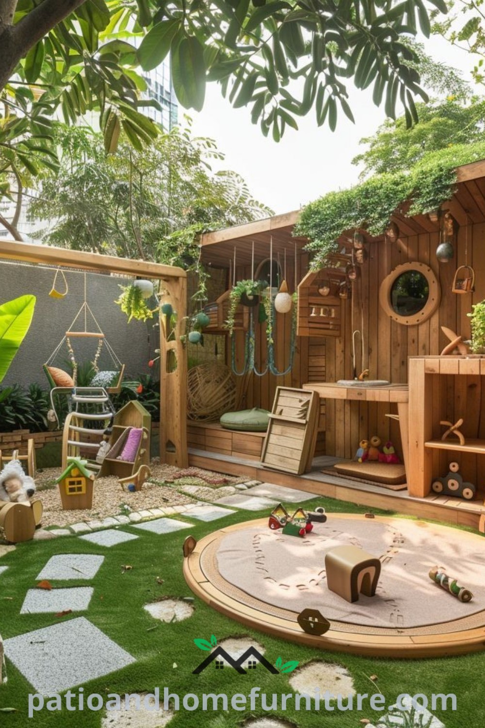 Outdoor kids play area designed with lush plants and colorful toys, featuring climbing structures and swings, creating a cozy and inviting atmosphere for children