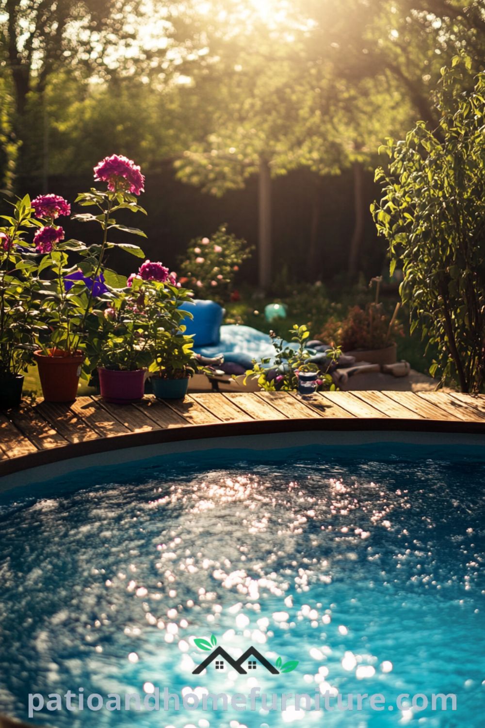 Inviting backyard pool retreat from patioandhomefurniture.com featuring an above ground pool, lush landscaping, vibrant potted plants, and cozy outdoor living space.