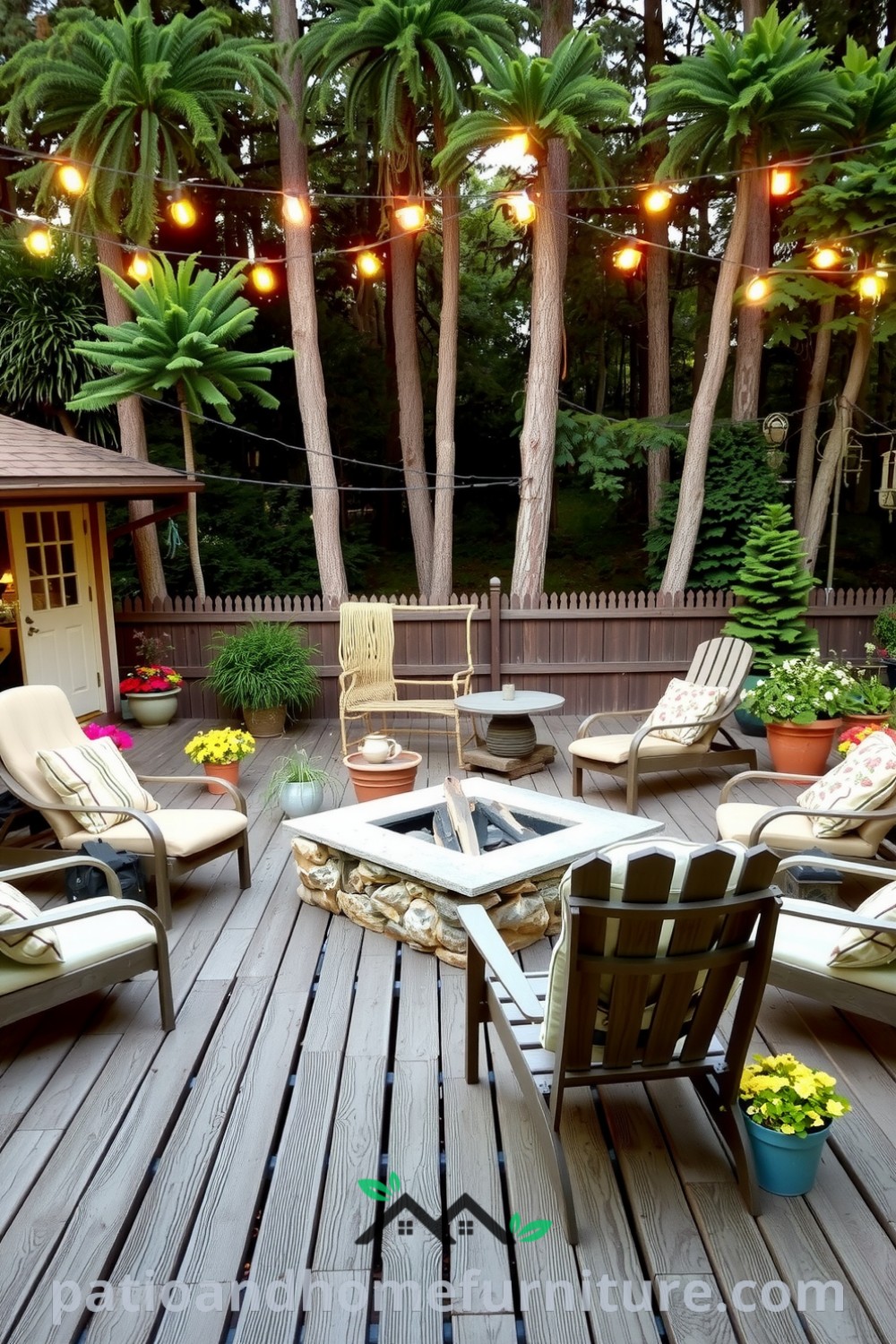 Charming backyard featuring a weathered wooden deck with colorful potted plants, sun-faded cushions, a rustic stone fire pit, mismatched chairs, and twinkling string lights, creating a cozy retreat for relaxation and entertainment. Visit fireplacesandwoodstoves.com for more cozy ideas and inspirations.