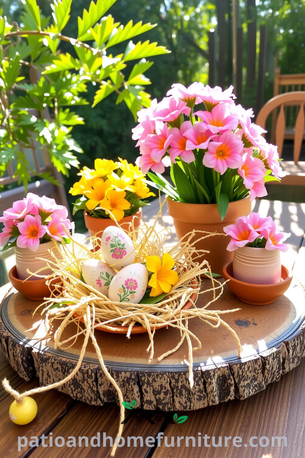 Cheerful Easter patio decor arranged on a rustic table, featuring intricately painted eggs, pastel flowers in handmade pots, and dappled sunlight, providing cozy design ideas and inspirations for your home, available at fireplacesandwoodstoves.com.