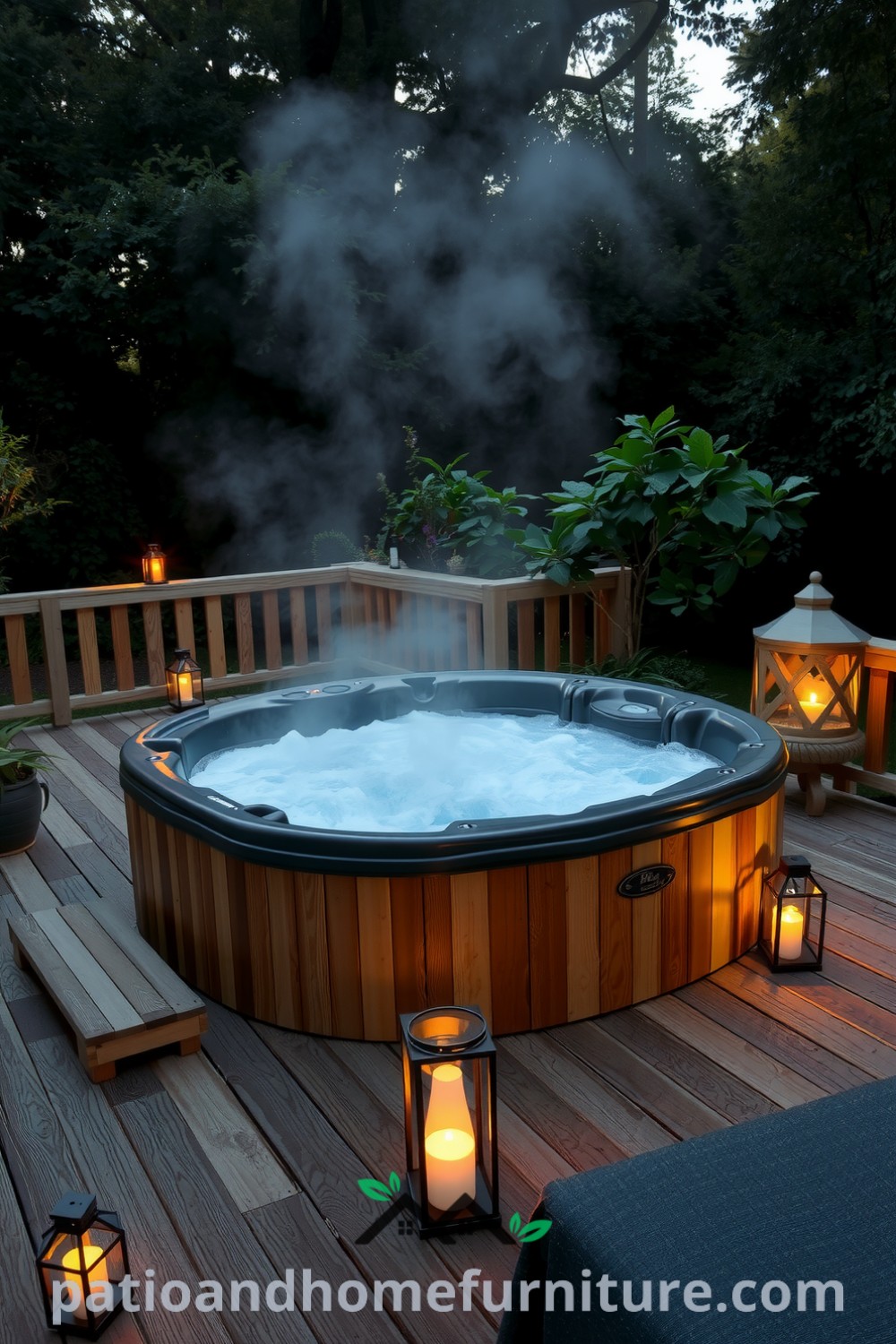 Cozy hot tub oasis nestled on a wooden deck surrounded by greenery, with warm steam rising and soft lanterns illuminating the area, providing decor inspirations for a unique home retreat at fireplacesandwoodstoves.com.