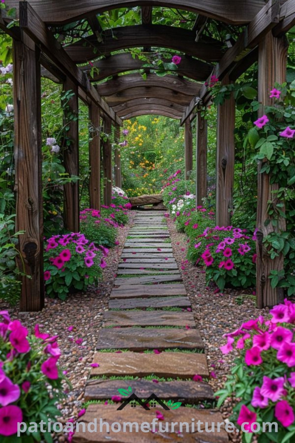 Cozy garden landscape with colorful flowers and plants along a stone walkway, featuring climbing vines, creating a vibrant and inviting atmosphere, perfect for inspiring backyard design ideas, as seen on wellnesswink.com.