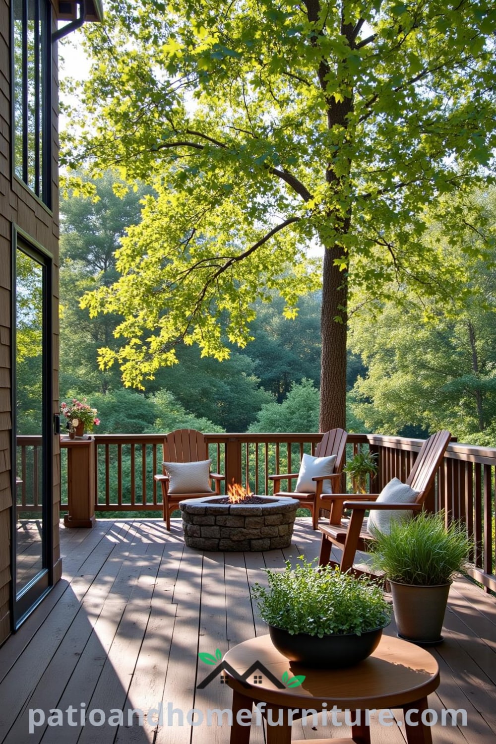 Rustic outdoor living space featuring a wooden deck with mismatched furniture, cozy lounge chairs around a stone fire pit, and potted herbs, embodying cozy ideas and inspiring decor inspirations for a unique home retreat at fireplacesandwoodstoves.com.