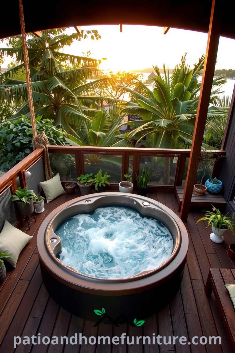 Deck-integrated hot tub surrounded by a wraparound wooden deck, lush greenery, and potted plants, creating a serene outdoor oasis perfect for relaxation, featuring cozy decor inspirations and design ideas for your home at fireplacesandwoodstoves.com.