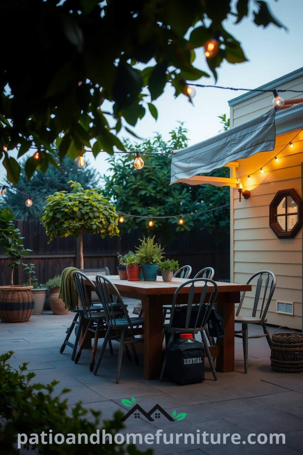 Charming outdoor dining area with a wooden table, mismatched chairs, potted herbs, and soft ambient lighting, offering cozy ideas for outdoor gatherings and decor inspirations, ideal for a cozy home on fireplacesandwoodstoves.com.