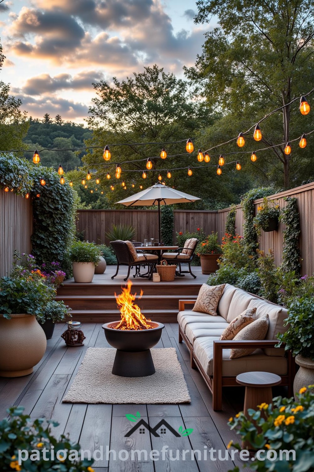 Cozy backyard retreat with a weathered wooden deck, lush plants, a sectional sofa, rustic fire pit, and twinkling string lights, creating an inviting space perfect for gatherings and inspiring cozy home decor ideas, found at fireplacesandwoodstoves.com.